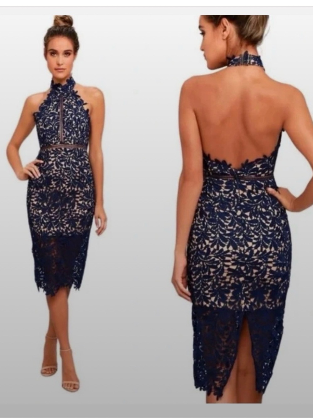 Lulu's Navy Lace Halter Midi Dress with Nude Lining and Open Back SIZE XL